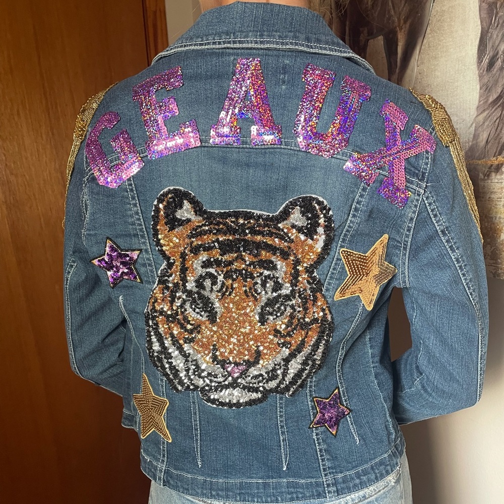 Custom Embellished LSU Gameday Denim Jacket Small